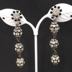 Vintage Dangle Long Black Floral Earrings, Clear Rhinestones, 1980s, 2 1/2"